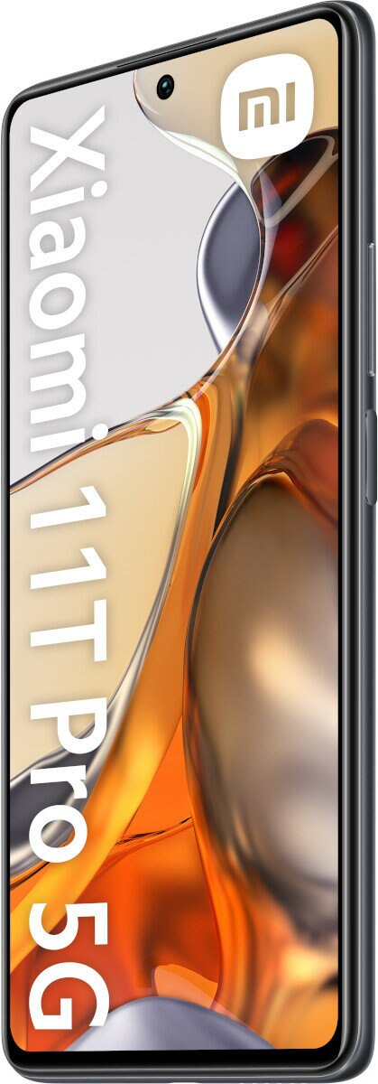 Telefon Xiaomi 11T Pro 5G, pod kątem, ciemnoszary, ekran z odbiciami, aparat z prawej góry.