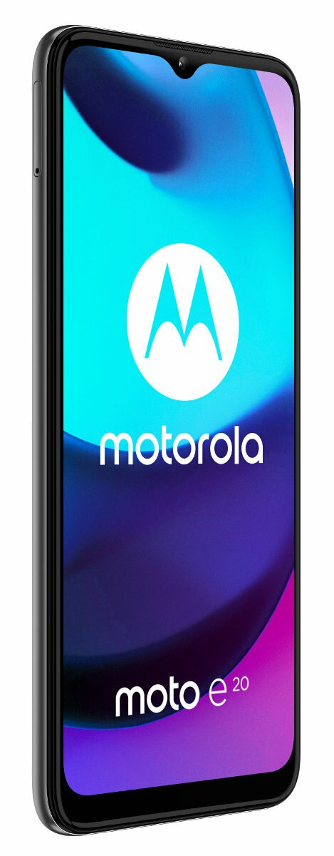 Telefon Motorola Moto e20, widok pod kątem, z fioletowym i niebieskim ekranem.