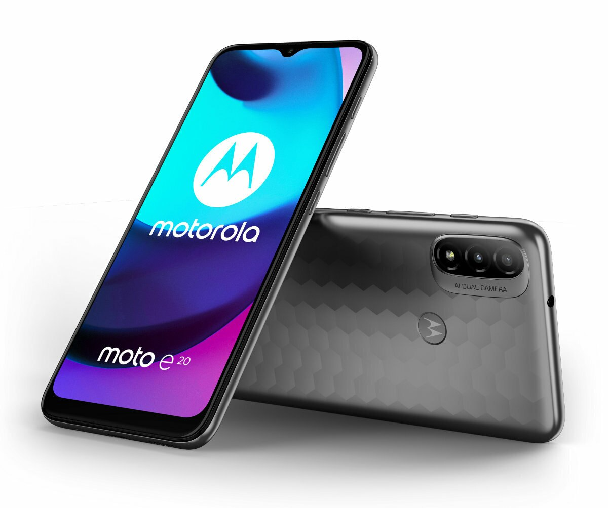 Szary smartfon Motorola Moto e20, pokazujący przód i tył.