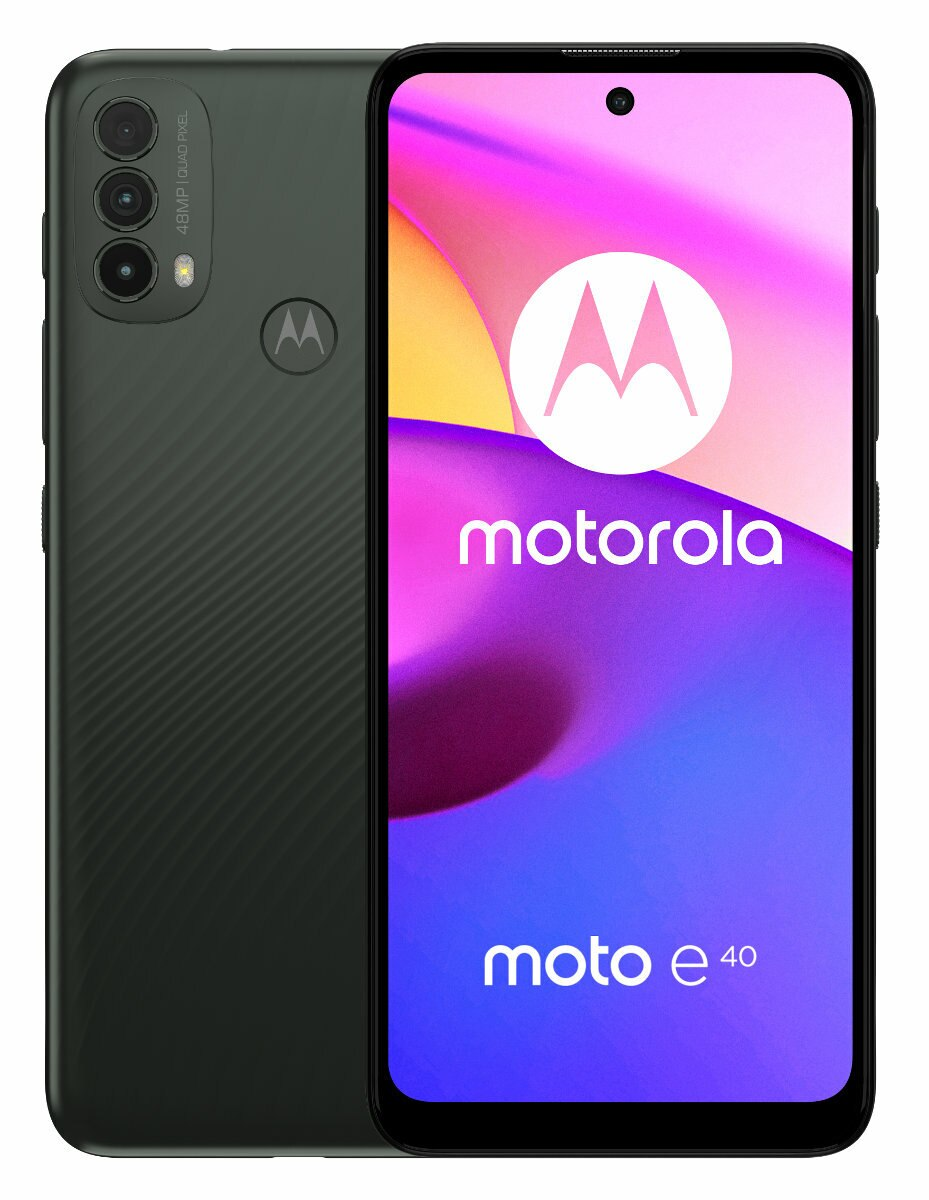 Ciemnozielony smartfon z potrójnym aparatem i logo Motorola z tyłu i na ekranie.
