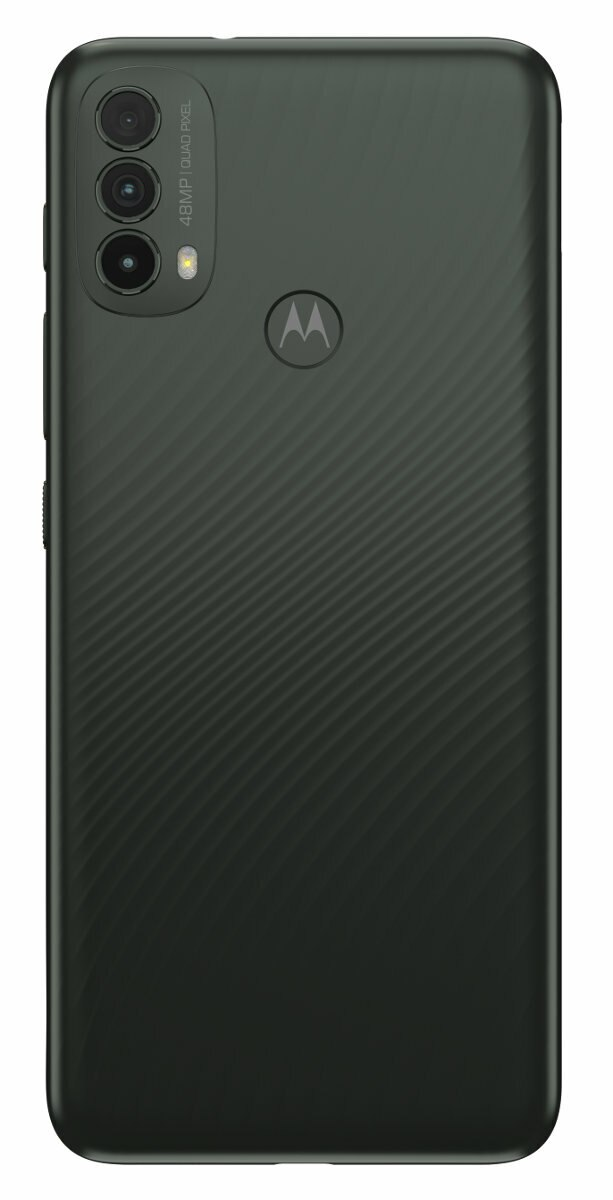 Ciemny tył telefonu z aparatami i logo. Telefon jest ciemnozielony ze wzorem.