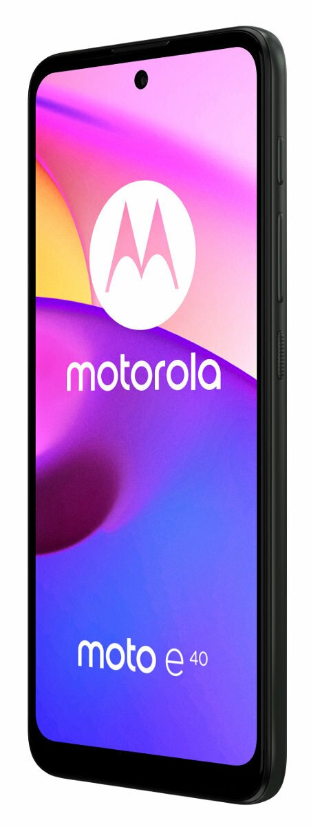 Czarny smartfon Motorola Moto E40 z białym logo Motorola, na kolorowym tle.