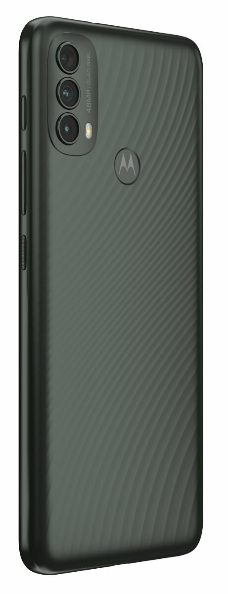 Widok z boku smartfona, ciemnozielony, z widocznymi aparatami i przyciskami. Czarne tło.