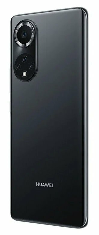 Czarny telefon Huawei. Widok z tyłu. Zawiera moduł aparatu i logo HUAWEI.