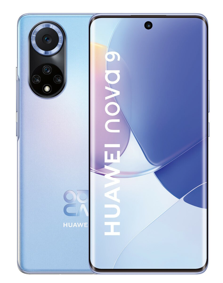 Niebieski telefon Huawei Nova 9 z okrągłym systemem kamer. Białe tło. Telefon jest włączony.