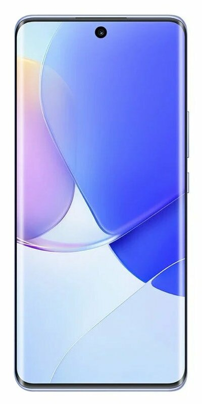 Smartfon z zakrzywionym ekranem wyświetla abstrakcyjne niebieskie i białe kształty.