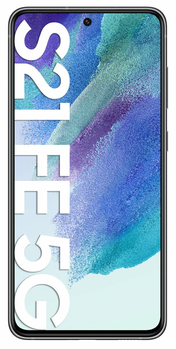 Smartfon z tekstem S21 FE 5G na ekranie.