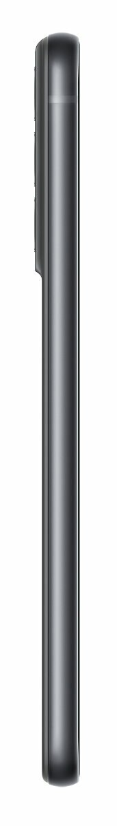 Czarny smartfon z boku, elegancki design, wybrzuszenie kamery u góry, białe tło.