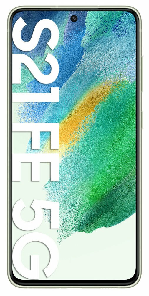 Zielony telefon Samsung S21 FE 5G. Biały tekst: S21 FE 5G. Wyświetlacz pokazuje zielone i żółte kolory.