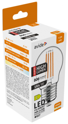 AVIDE LED Filament Mini Globe gömb izzó, Super High Lumen 4.9W, E27, 806lm, NW 4000K (ABLFMG27NW-4.9W-SHL)