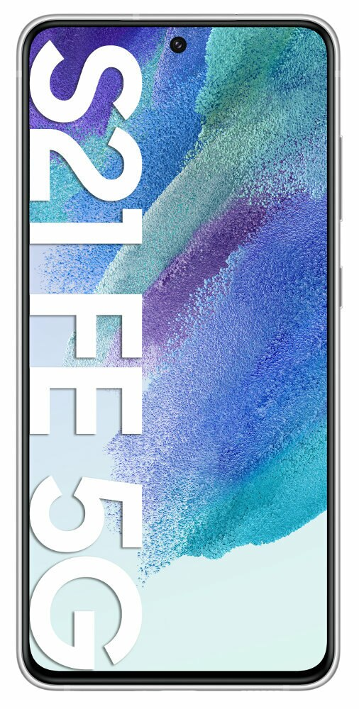 Smartfon, srebrna ramka, niebiesko-zielony gradient z tyłu. Tekst S21 FE 5G.