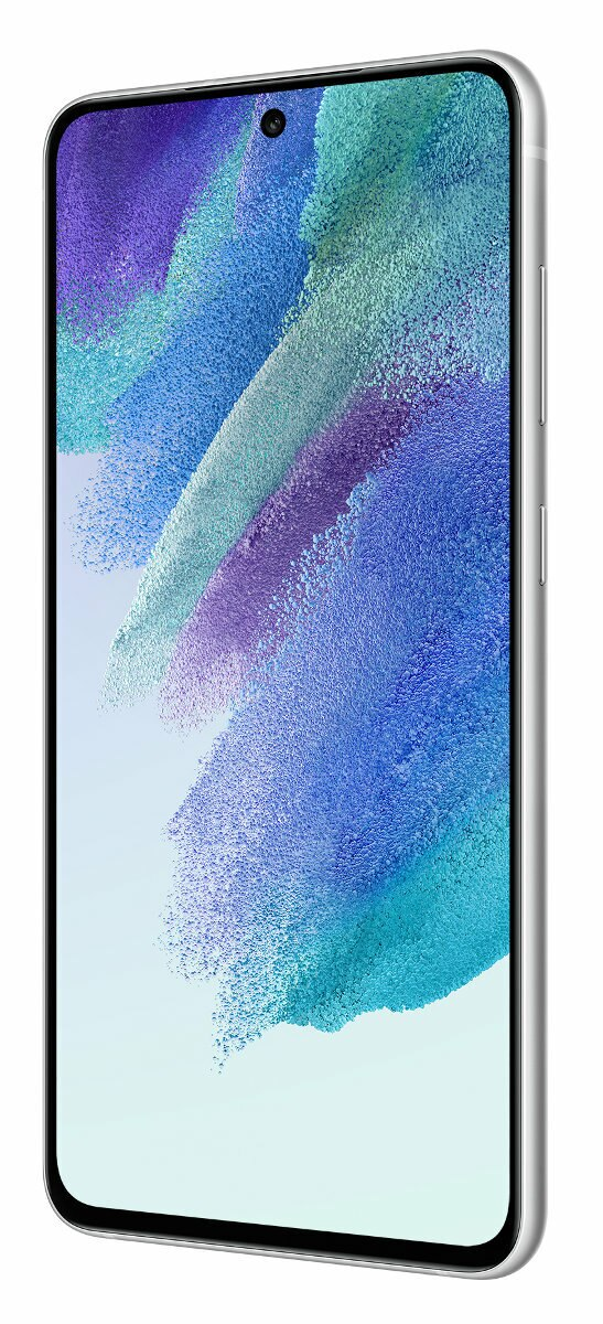 Srebrny smartfon z niebieskim, fioletowym i zielonym abstrakcyjnym wzorem na ekranie. Widok z boku.