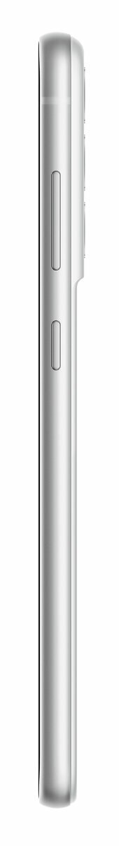 Widok z boku srebrnego telefonu, pokazujący przyciski i gładką, elegancką konstrukcję.