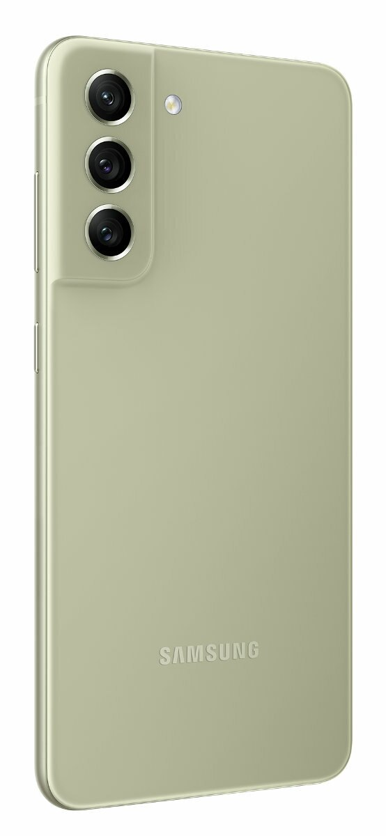 Jasnozielony smartfon. Z tyłu wiele aparatów. Tło to czysta, biała powierzchnia.