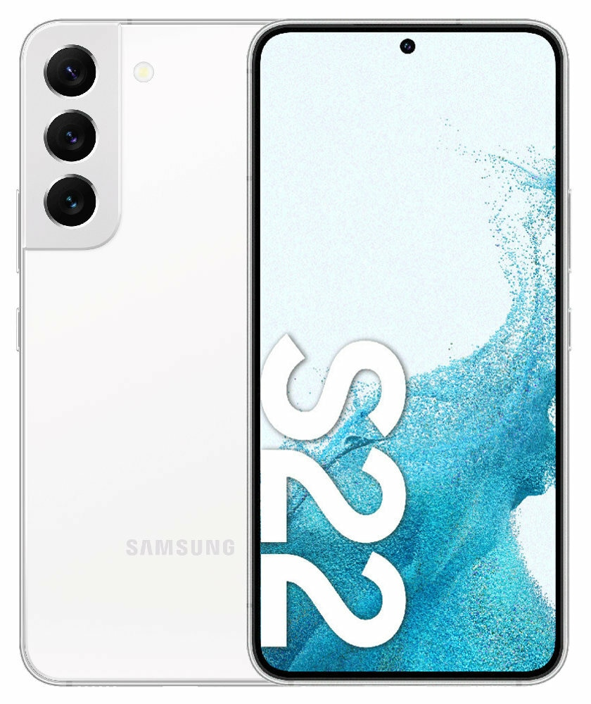 Biały telefon Samsung S22 z trzema aparatami i tekstem S22 na ekranie.