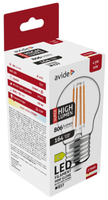 AVIDE LED Filament Mini Globe gömb izzó, Super High Lumen 4.9W, E27, 806lm, WW 2700K (ABLFMG27WW-4.9W-SHL)