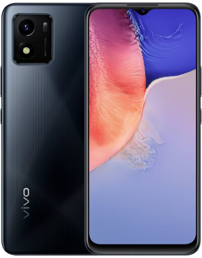 Czarny telefon Vivo z podwójnym aparatem i dużym ekranem wyświetlającym kolorowy obraz abstrakcyjny.