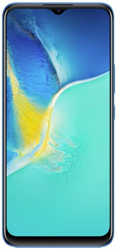 Niebieski telefon z niebiesko-żółtym ekranem. Czarny aparat na górze pośrodku. Niebieska ramka.