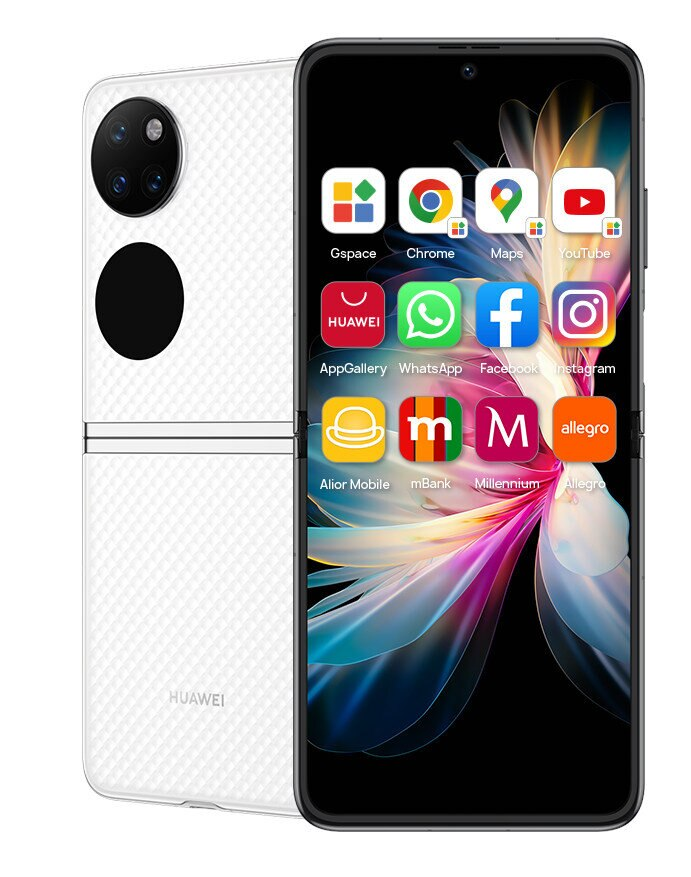 Biały składany telefon, otwarty. Pokazuje aplikacje: Gspace, Chrome, Mapy, YouTube itp.