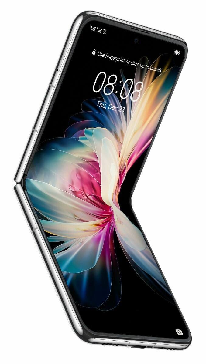 Składany smartfon, półotwarty. Wyświetlacz pokazuje kolorowy abstrakcyjny wzór. Czarna ramka, srebrny zawias.