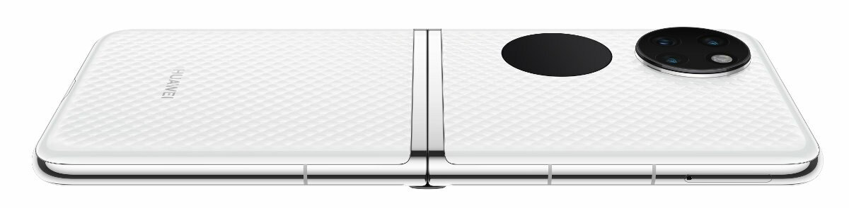 Biały składany telefon Huawei, rozłożony, z sekcją aparatu po prawej stronie.