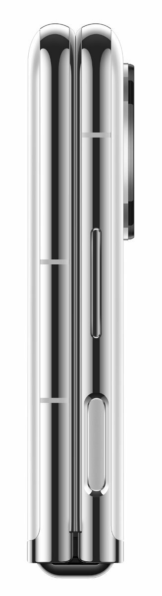 Widok z boku iPhone'a. Srebrny, z aparatem i przyciskiem głośności. Elegancki design.