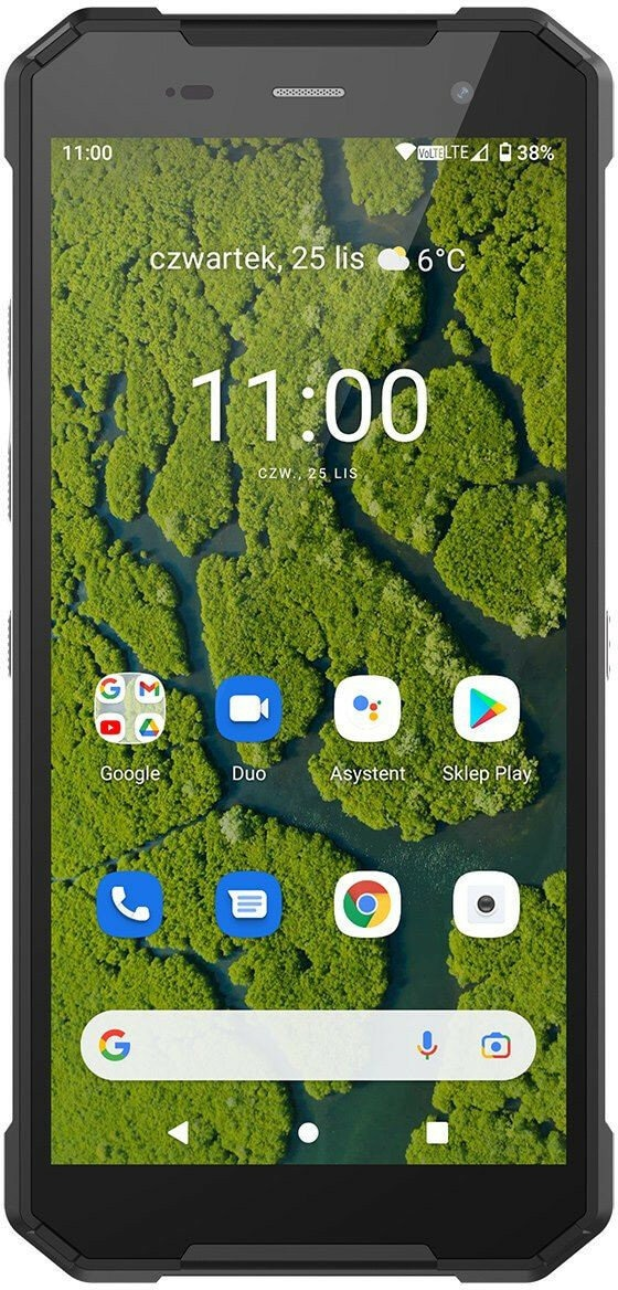 Czarny smartfon z ekranem pokazującym datę, godzinę i ikony aplikacji, na białym tle.
