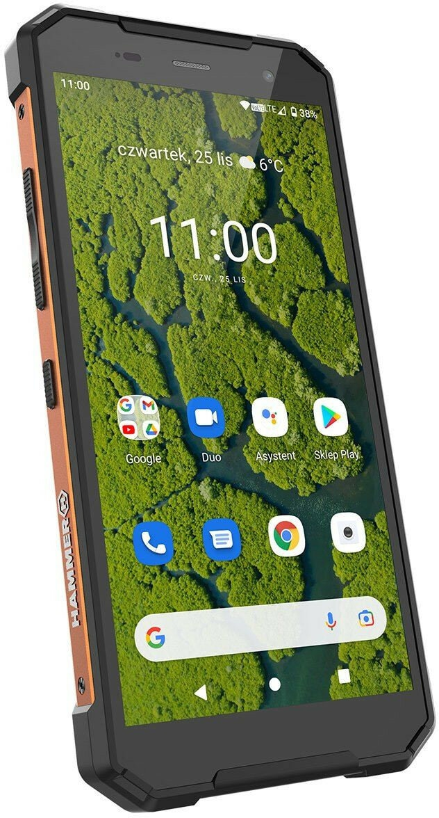 Wytrzymały smartfon z czarną ramką i pomarańczowymi akcentami. Ekran wyświetla scenę natury i ikony.