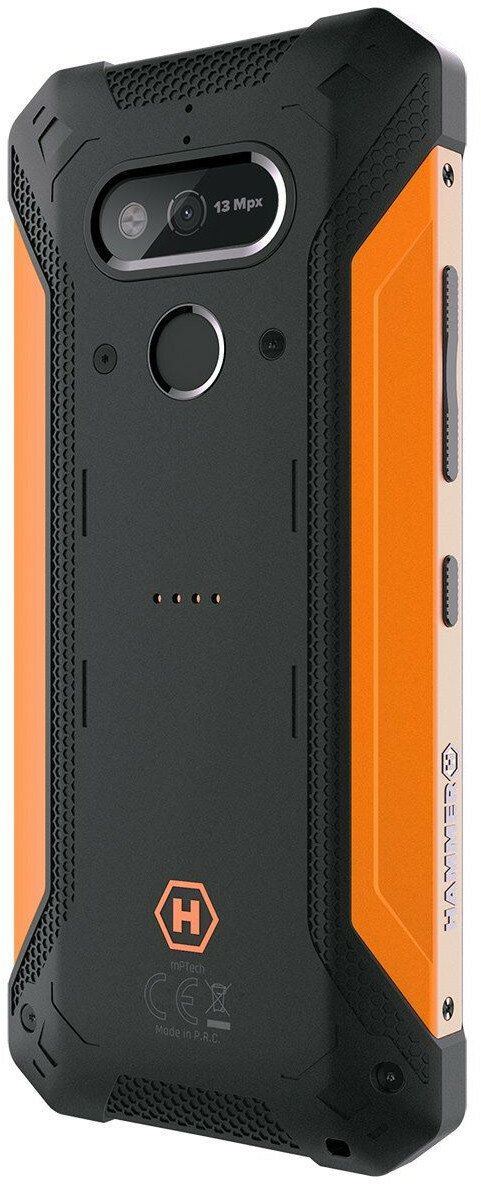 Wytrzymały pomarańczowo-czarny smartfon. Z tyłu znajduje się aparat i logo Hammer.