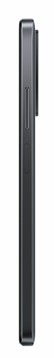 Czarny telefon, widok z boku, pokazujący przycisk i regulator głośności.