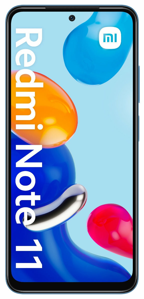 Telefon Redmi Note 11 z niebieskim i pomarańczowym abstrakcyjnym tłem. Biały tekst Redmi.