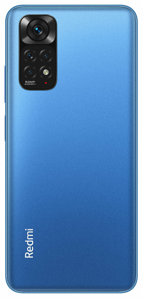 Niebieski tył smartfona, z aparatami i logo Redmi. Tył jest teksturowany na niebiesko.