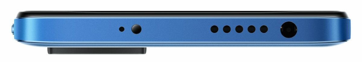 Zbliżenie dolnej części niebieskiego telefonu. Posiada port USB, otwory i głośnik.