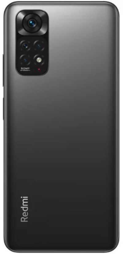 Widok z tyłu czarnego telefonu z wypukłością aparatu i logo Redmi.
