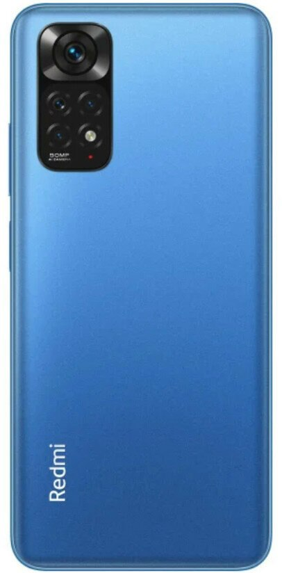 Niebieski tył smartfona z aparatami i logo Redmi. Elegancki design.