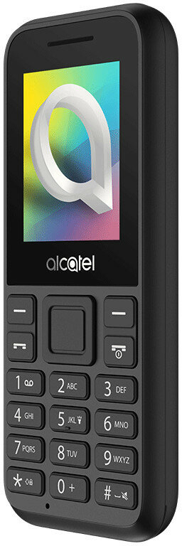 Czarny telefon Alcatel z przyciskami numerycznymi, ekranem z logo i panelem kierunkowym.