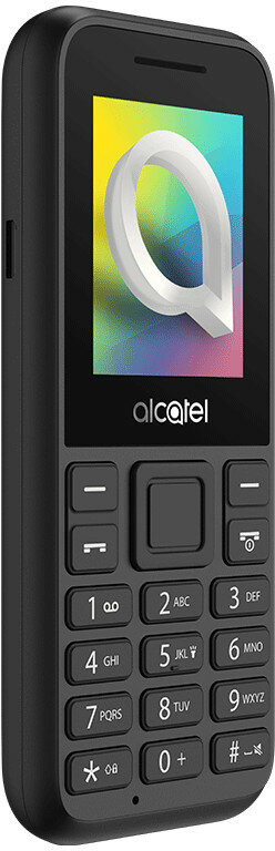 Czarny telefon Alcatel z klawiaturą i kolorowym logo na wyświetlaczu.
