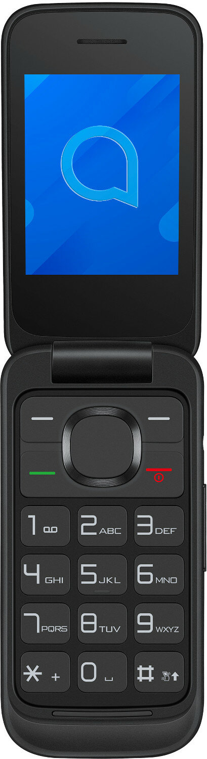 Czarny telefon Alcatel z klapką, otwarty, pokazujący niebieski ekran z logo.