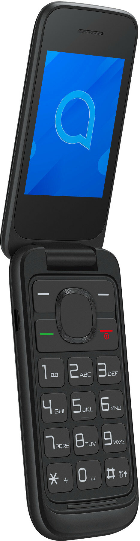 Czarny telefon z klapką otwarty, z ekranem wyświetlającym niebieskie logo i klawiaturę numeryczną.