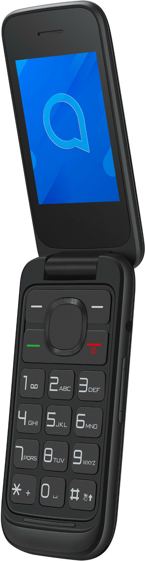 Czarny telefon klapkowy otwarty, klawiatura numeryczna, ekran z niebieskim logo dymka na białym.