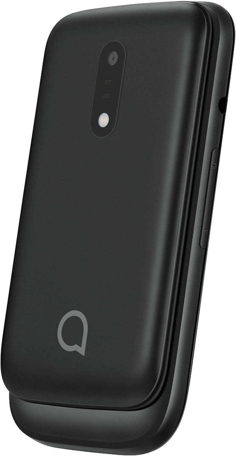 Czarny telefon z klapką, zamknięty, z logo Alcatel na dolnej połowie tyłu.