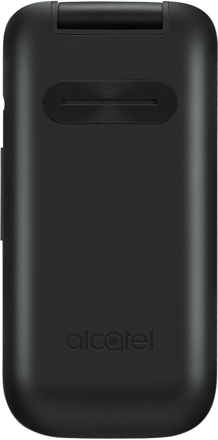 Czarny telefon z klapką, zamknięty i widziany od tyłu. Widoczne logo Alcatel.