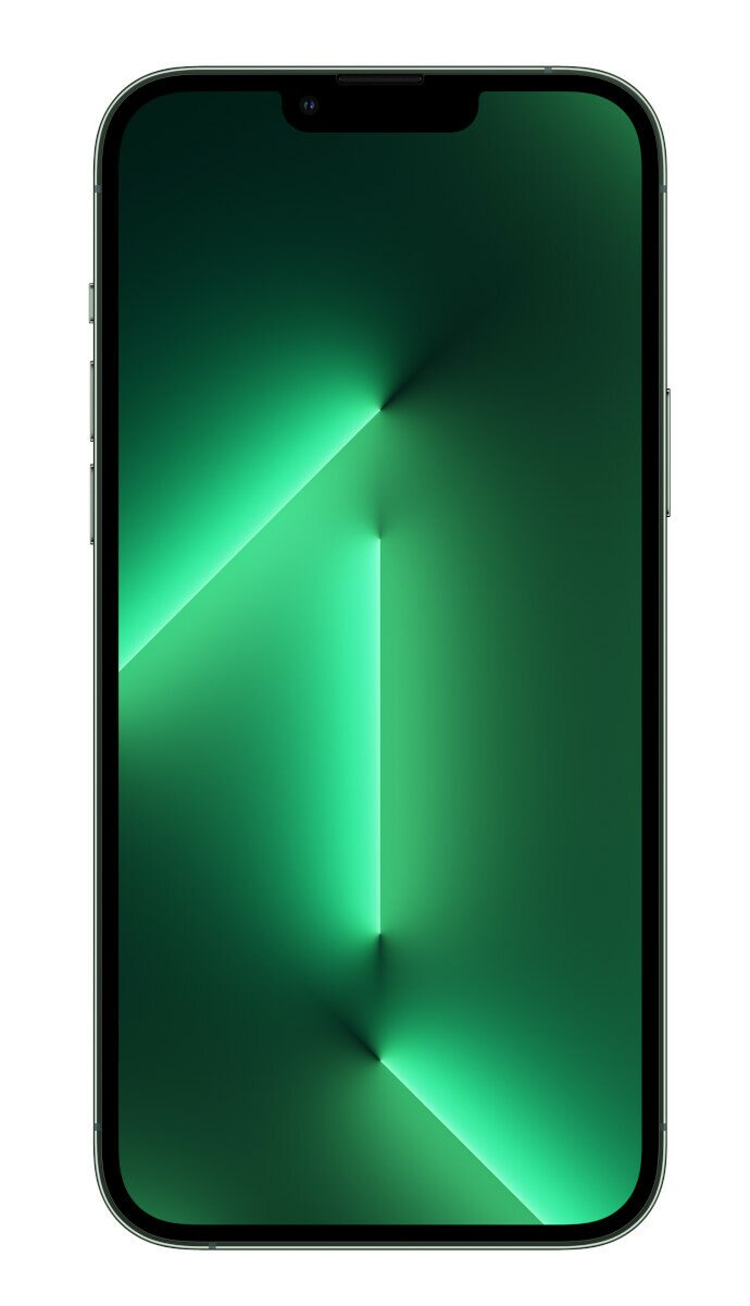 Smartfon z zielonym gradientem. Ekran wyświetla linie jasnej i ciemnej zieleni. Telefon na białym tle.