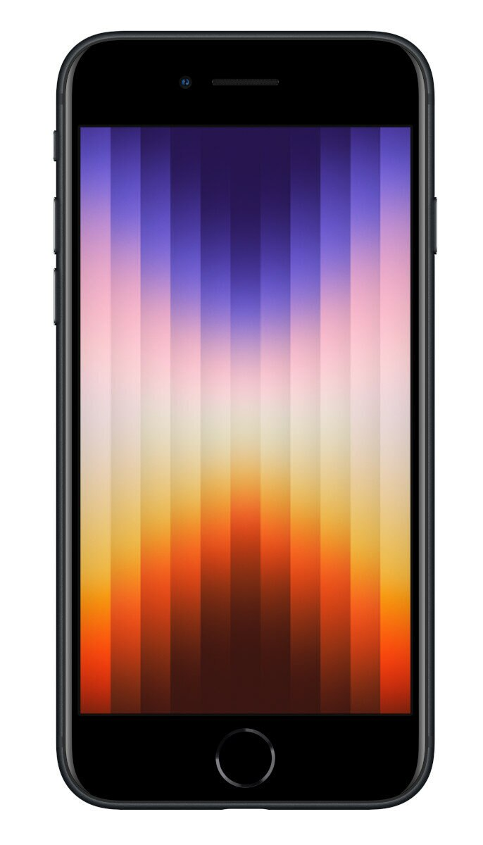 Czarny smartfon z przodu z kolorową tapetą w paski.