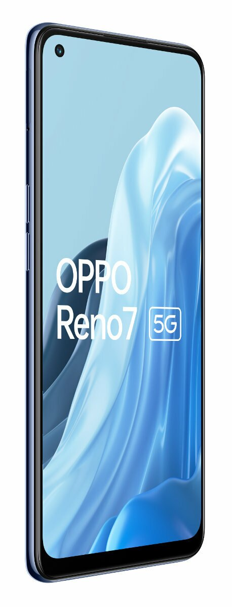 Niebieski smartfon z niebieskim abstrakcyjnym wzorem na ekranie. Telefon ma logo OPPO Reno7 5G.