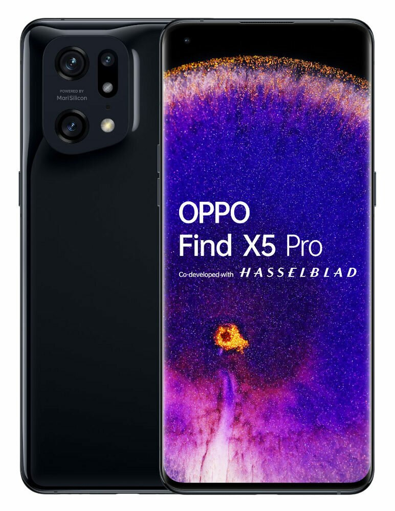 Czarny telefon Oppo Find X5 Pro, widok z tyłu i z przodu, z ekranem pokazującym abstrakcyjną grafikę i tekst.