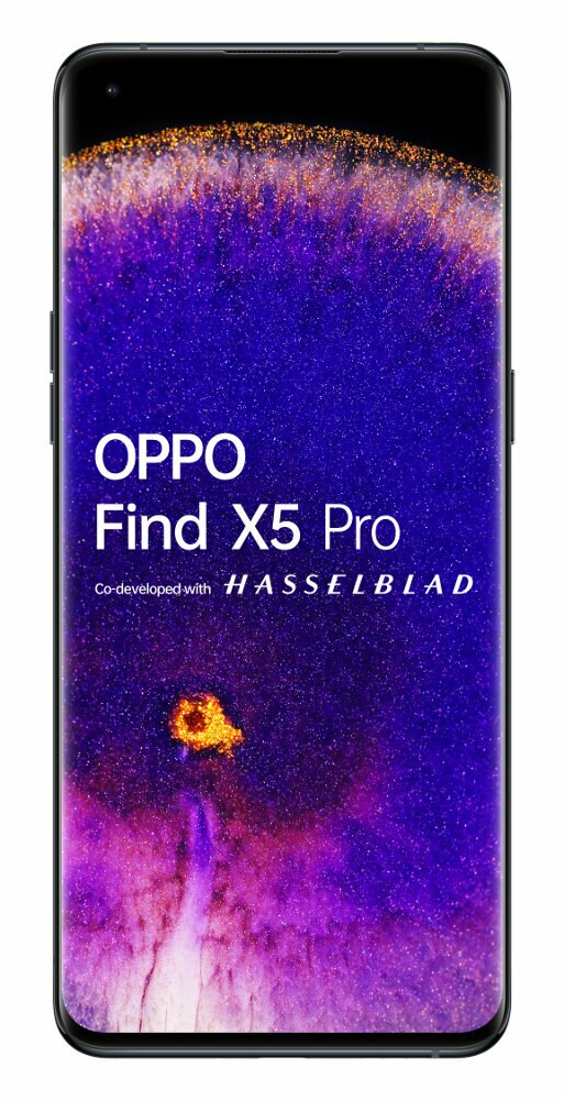 Smartfon z niebiesko-fioletowym tłem, tekstem 'OPPO Find X5 Pro' i 'Co-developed with Hasselblad'.