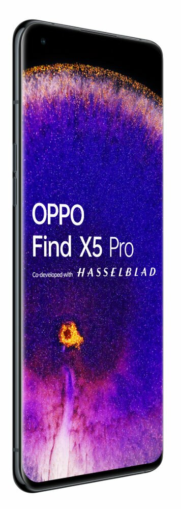 Czarny telefon Oppo z tekstem na ekranie, białe tło.