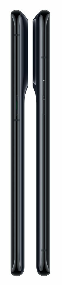 Dwa widoki z boku czarnego smartfona pokazujące przyciski głośności i zasilania.