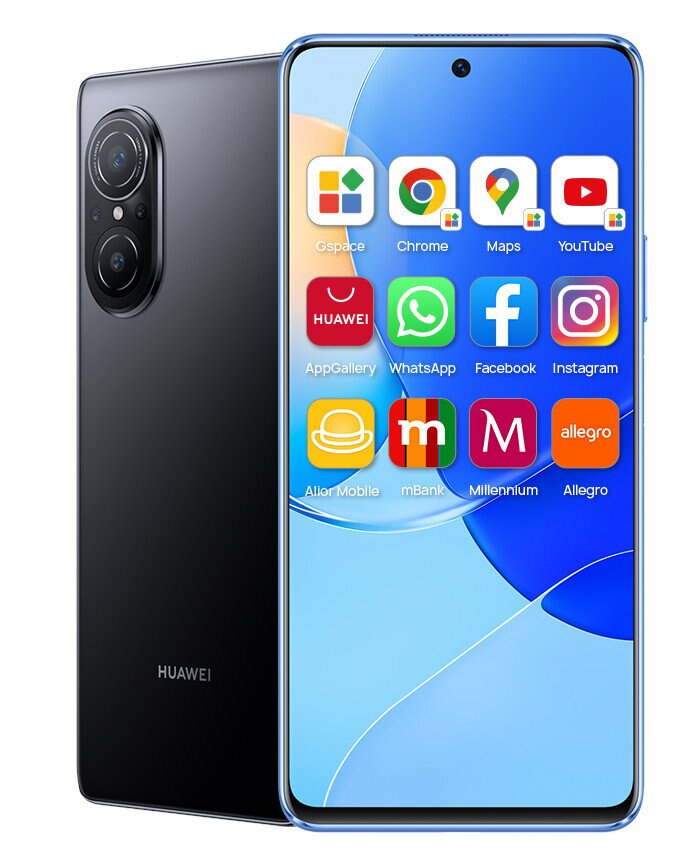 Telefon z ikonami aplikacji na ekranie i logo Huawei z tyłu.